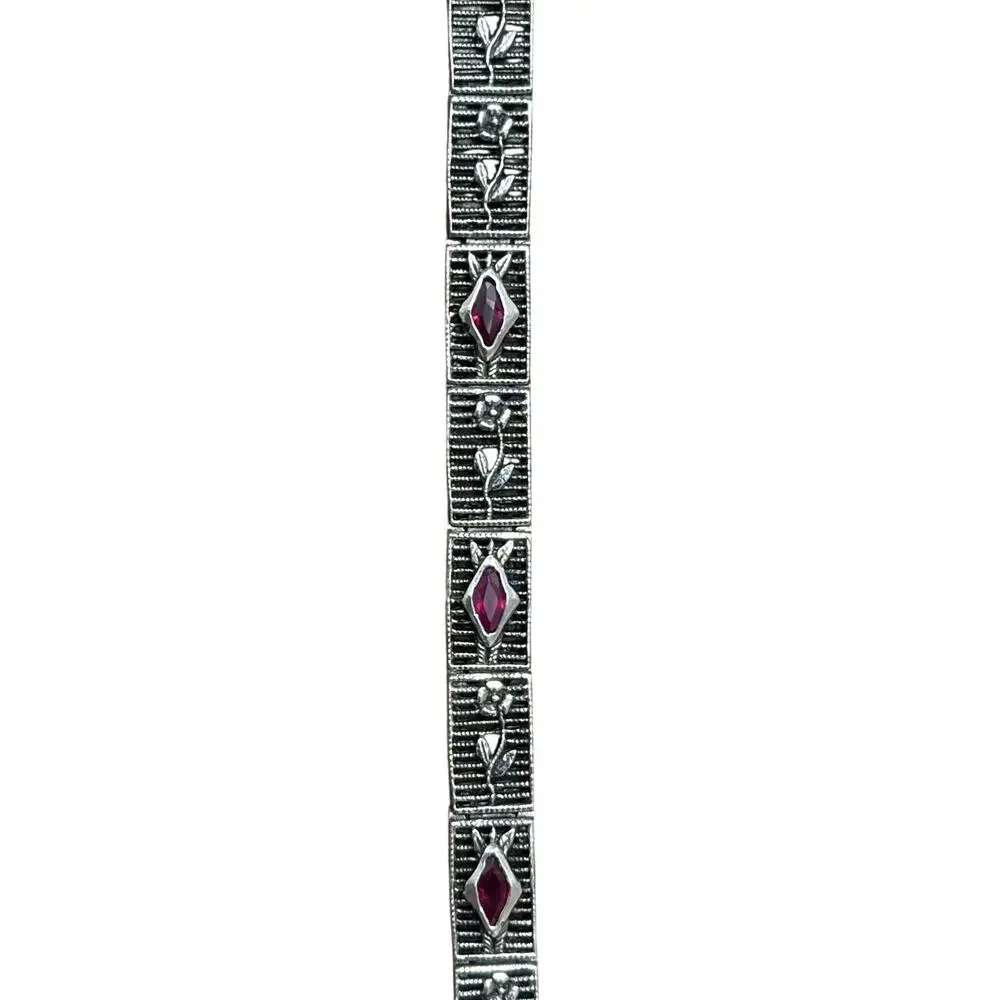 Vintage Art Deco Sterling Silver Ruby Gemstone Filigree Bangle Bracelet 7